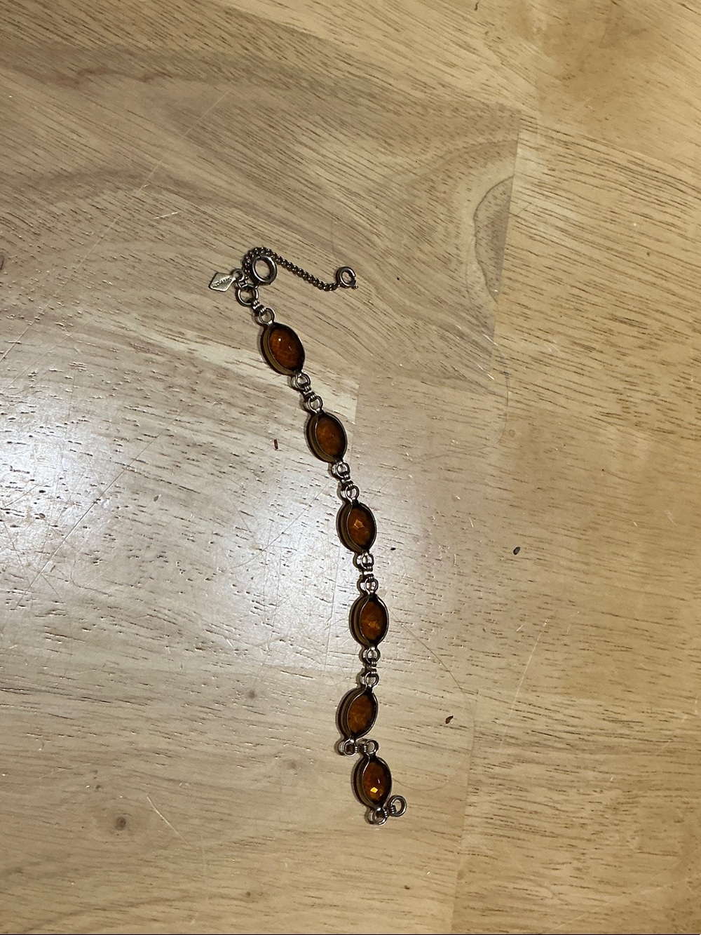 Sterling Silver Bracelet with Amber Cabochons - Brown Amber